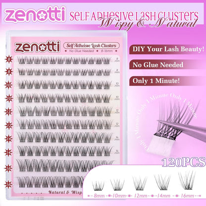 Self Adhesive Lash Clusters Natural No Glue Eyelashes Clusters Wispy Cluster Eyelash Extensions Pre Glued Lash Extensions 120pcs Press on Individual Lashes 8mm-16mm by zenotti