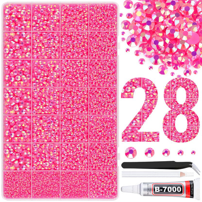 30000Pcs Resin Rhinestones for Bedazzling with Tweezers, Hot Pink AB Rhinestones for Crafting with B7000 Jewelry Glue for DIY Crafts Clothing Tumblers Shoes Fabric Nail Art