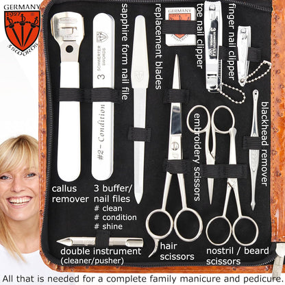 3 Swords Germany - Brand Quality 23 Piece Manicure Pedicure Grooming kit Set for Professional Finger & Toe Nail Care Tweezers File Clipper Fashion Leather case in Gift Box, Made by 3 Swords (7452)