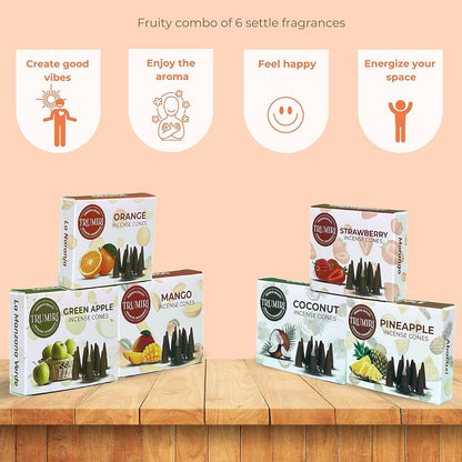 Trumiri Fruity Incense Cones - Variety Pack - Total 60 Cone Incense (6 Scents x 10 Conos) - Strawberry, Coconut, Pineapple, Apple, Mango, Orange - Cone Incense Scents - Insense Cones - Incent Cone