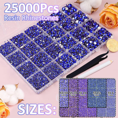 25000Pcs Resin Rhinestones for Crafting, Royal Blue 2-6mm Mixed Sizes Non Hotfix Flatback Gems, Bedazzling Crystal for DIY Crafts Clothing Tumblers Mugs Shoes Fabric Nail Art