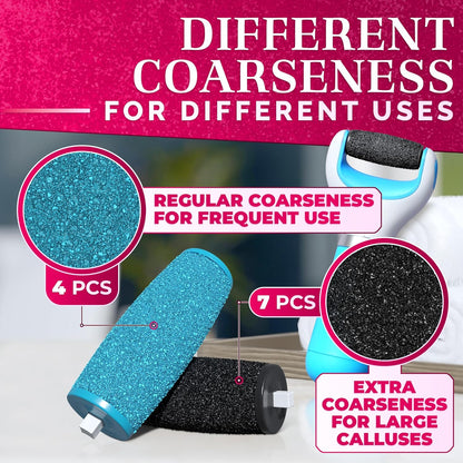 11 Pcs Replacement Rollers for Electric Foot Callus Remover Tool - 7 Extra Coarse & 4 Regular Coarse Refill Heads (1.92 x 0.77 Inches), Micro-Diamond Crystals - Compatible with Amope Pedi Perfect Pro