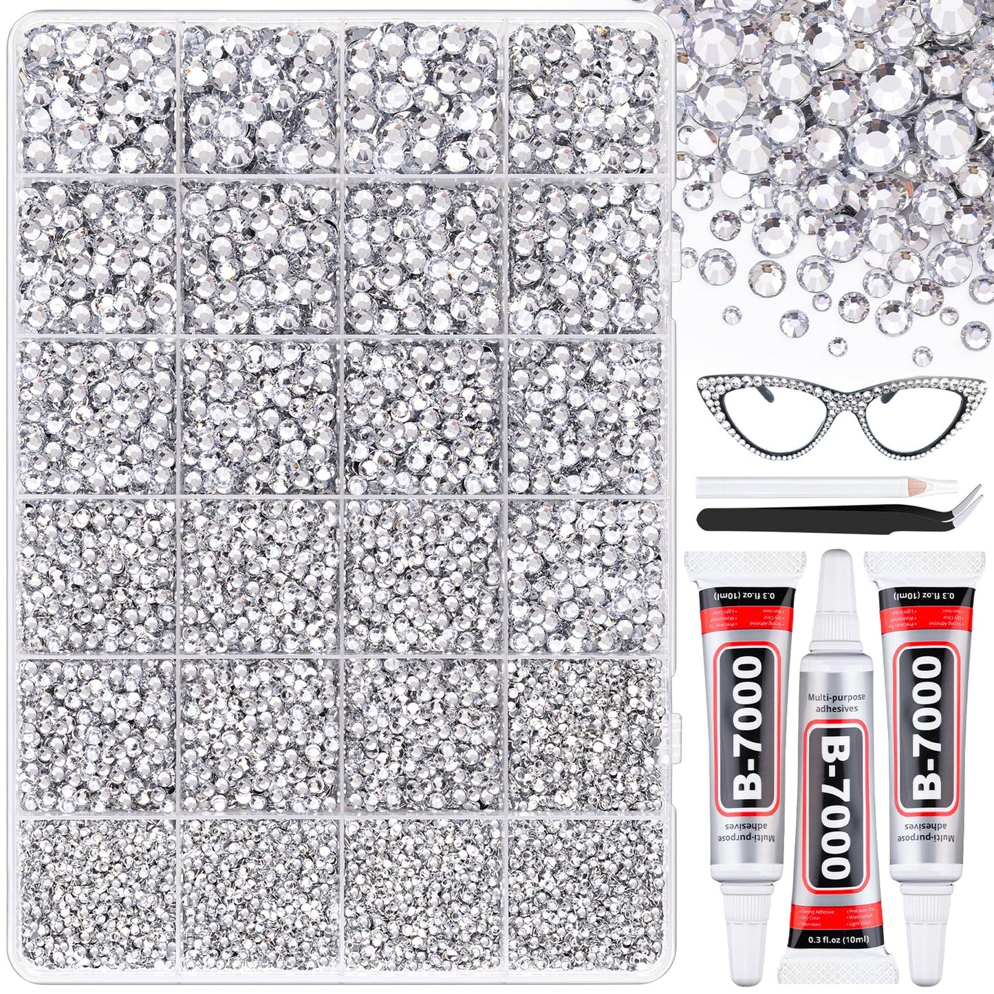30000Pcs Resin Silver Clear Rhinestones with B7000 Jewelry Glue for Bedazzling Crafting, 2-6mm Flatback Gems, Bedazzler Kit for Crafts Clothing Tumblers Shoes Decor Nail Art