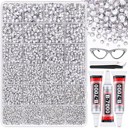 30000Pcs Resin Silver Clear Rhinestones with B7000 Jewelry Glue for Bedazzling Crafting, 2-6mm Flatback Gems, Bedazzler Kit for Crafts Clothing Tumblers Shoes Decor Nail Art