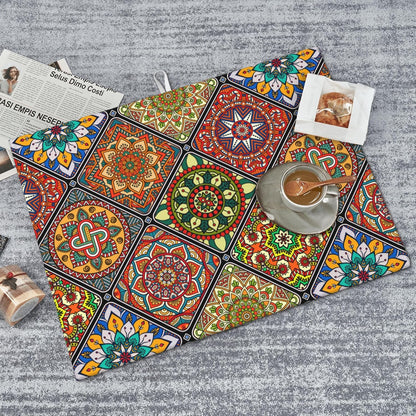 Retro Dish Drying Mat for Kitchen Counter Mandala Colorful Dish Drainer Rack Mats Boho Decor Washable Absorbent Reversible Microfiber Drying Pad Kitchen Accessories 18"x24"
