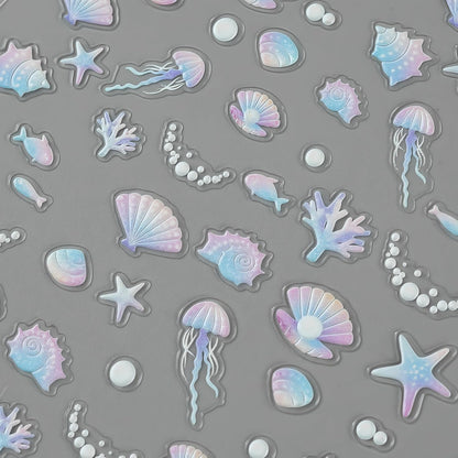 1 Sheets Embossed Shell Starfish Nail Art Stickers 5D Self Adhesive Summer Marine Life Fishtail Pearl Decals for Women Girls Manicure DIY Decorations Exquisite Cardboard Set