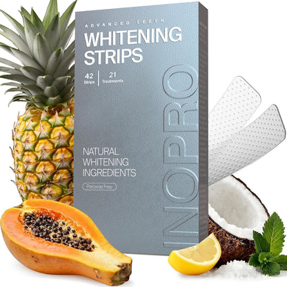Natural Teeth Whitening Strips Kit 21 Treatments - Sensitive Teeth Whitener, Peroxide Free with Papain, Bromelain, Coconut Oil, White Strips for Teeth Whitening (42 Strips)