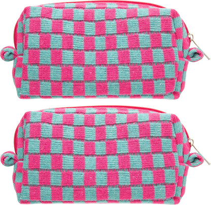PAZIMIIK Checkered Makeup Bag for Purse Portable Zipper Make Up Pouch Small Cosmetic Case for Travel Accessories (2PCS Magenta Green)