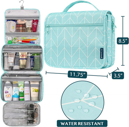 PAVILIA Hanging Toiletry Bag Women Men, Foldable Cosmetic Organizer Travel Bag, Water Resistant Makeup Bag Toiletries, Large Travel Essentials Kit (Teal Chevron)
