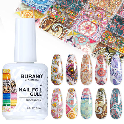 BURANO Nail Art Nail Foil Glue Gel, o.5 oz with 10PCS Foil Stickers Set Nail Foil Glue for Nails Foil Transfer Gel, Nail Design DIY UV LED Lamp Required (Popular Foil 12)