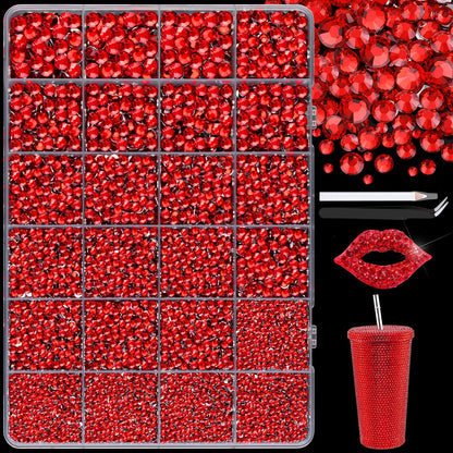 25000Pcs Resin Rhinestones with Tweezers for Crafting, 2-6mm Mixed Sizes (Red) Non Hotfix Flatback Gems, Bedazzling Crystal for DIY Crafts Clothing Tumblers Mugs Shoes Decor Nail Art