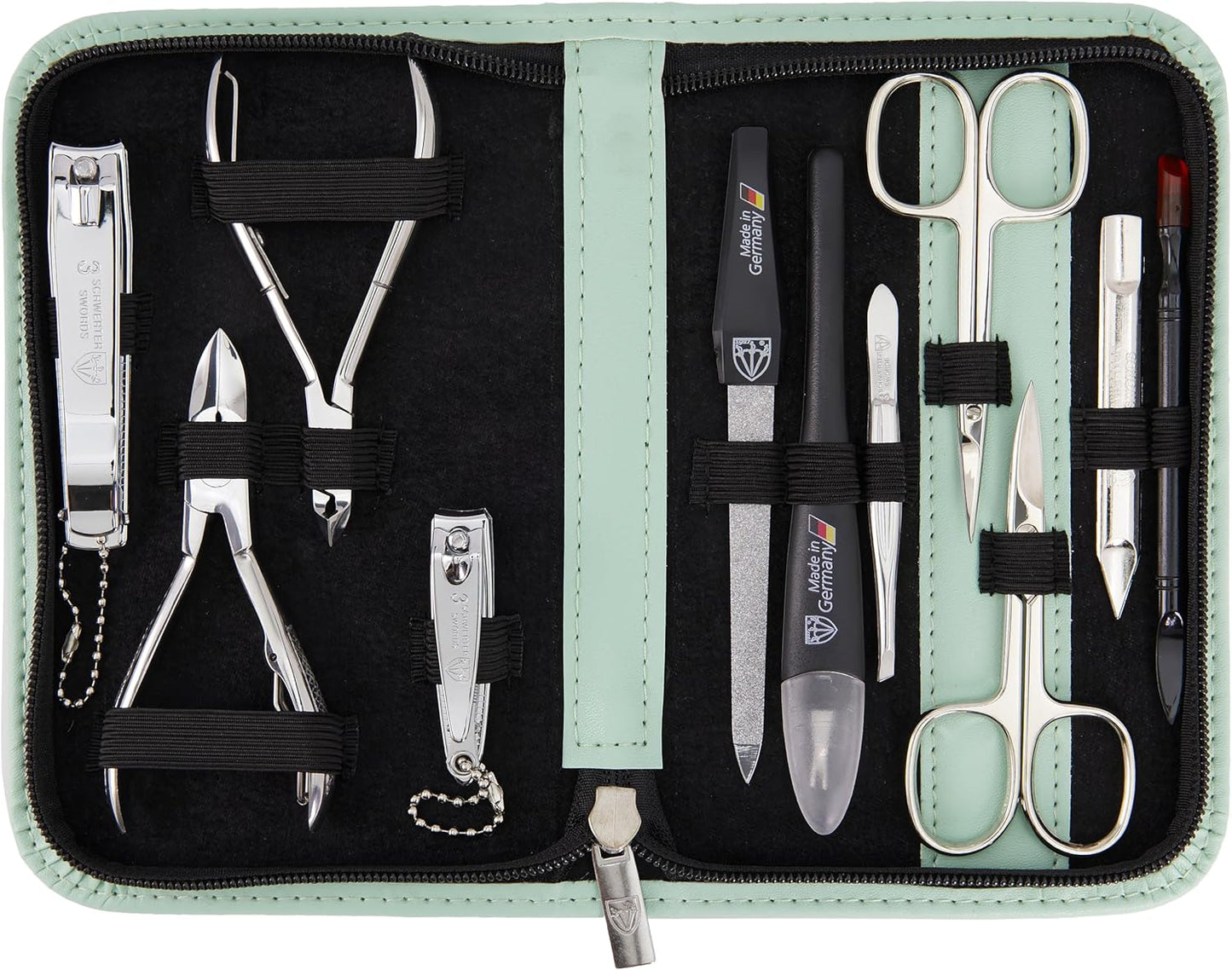 3 Swords Germany - brand quality 10 piece manicure pedicure grooming kit set for nail care scissors clipper mint synthetic leather case - Made by 3 Swords