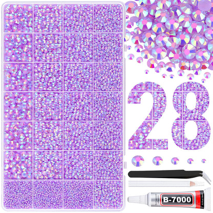 30000Pcs Resin Rhinestones for Bedazzling with Tweezers, Lavender Purple AB Rhinestones for Crafting with B7000 Jewelry Glue for DIY Crafts Clothing Tumblers Shoes Fabric Nail Art