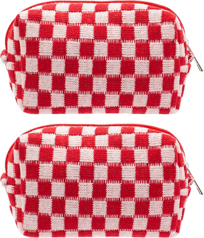 PAZIMIIK Checkered Makeup Bag for Purse Portable Zipper Make Up Pouch Small Cosmetic Case for Travel Accessories (2PCS Red)
