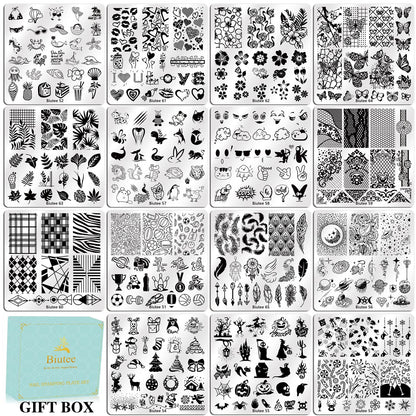 Biutee Nail Stamping Plates Set 15PCS Nail Art Stamper Scraper Nail Art Stamping Kit with Storage Bag Gift Box Nail Stamp Template Kit Lace Flower Butterfly Star Christmas Halloween Holiday Design