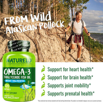 NATURELO Burpless Omega 3 Fish Oil Supplement - 1100mg Triglyceride Omega-3, EPA + DHA, Liquid Fish Oil for Heart, Eye, Brain, Joint Health - 120 Softgels, 4 Months Supply