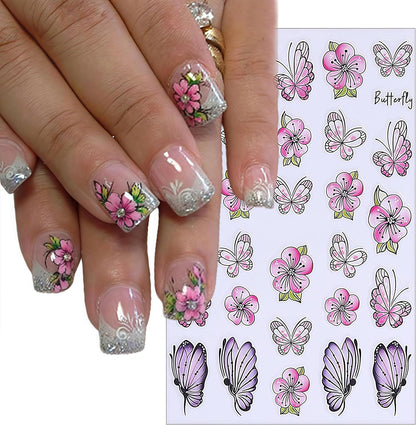 8 Sheets Gold Edge Butterfly Nail Stickers 3D Self Adhesive Holographic Colorful Butterfly Cherry Blossoms Decals Spring Glitter Gold Flower Design Supplies for Women Girls Manicure Decoration