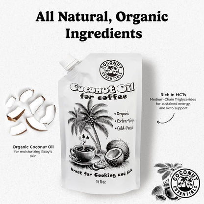Coconut Essentials - Organic Coconut Oil for Coffee, Cold-Pressed, MCT Oil for Weight Loss, Brain & Digestive Health, Keto-Friendly, Natural Slim, 1 Pouch, 15 fl oz