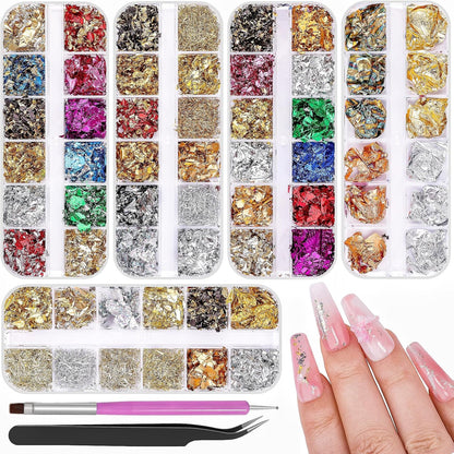 5 Boxes 60 Colors Holographic Nail Glitter Foils Kit, Nail Foil Flakes Laser, 3D Irregular Thin Foil Nail Art Flakes Design Nail Sequins Supplies for Manicure Body Makeup Craft DIY