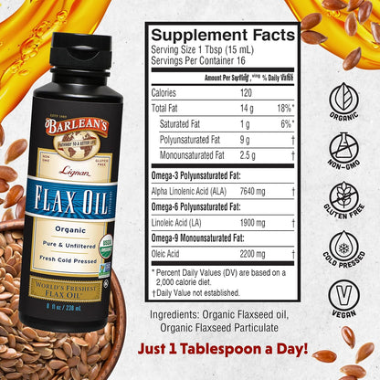 Barlean's Organic Lignan Flaxseed Oil Liquid Supplement from Cold Pressed Flax Seeds, 7,230 mg ALA Omega-3 Fatty Acids for Skin and Hair Care, Vegan & Gluten Free, 8 oz