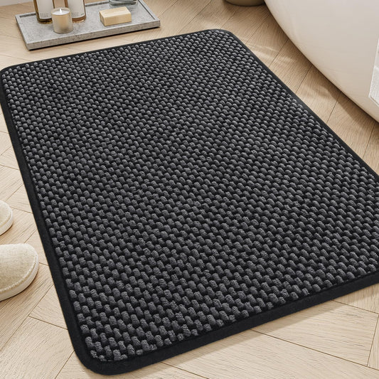 AMOAMI Chenille Bath Mat Super Absorbent Bathroom Mat Quick Dry Bath Mats for Bathroom Rubber Backed Bathroom Rugs Non Slip Washable Fit Under Door, Front of Bathtub, Sink, Darkgrey&Black 17"x24"