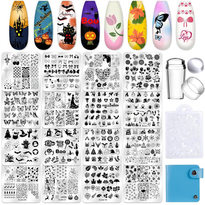 Biutee Nail Stamping Plate 20Pcs Nail Stamper Kit 16Pcs Nail Art Stamping Plates with Silicone Stamper, Scraper & Storage Bag, Stamp Plates Star Plaid Love Leaf Template Halloween Design Gift