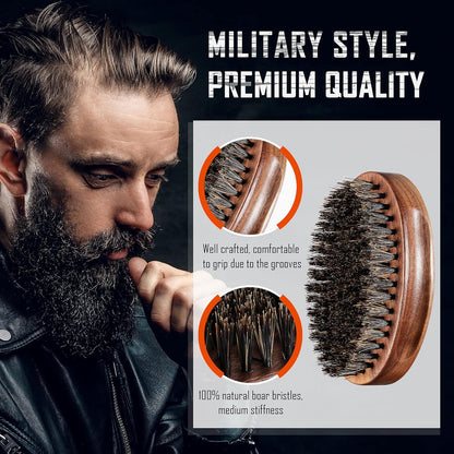 BFWood Boar Bristle Beard Brush - Black Wood Walnut Military Style, Men's Wooden Mustache Brush