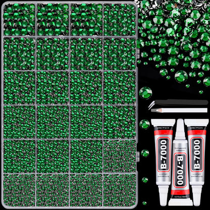 30000Pcs Resin Rhinestones with Tweezers for Crafting, Emerald Green Flatback Gems, Bedazzling Crystal with 3Pcs 10ml B7000 Jewelry Glue for DIY Crafts Clothing Tumblers Shoes Fabric Nail Art