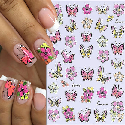 8 Sheets Gold Edge Butterfly Nail Stickers 3D Self Adhesive Holographic Colorful Butterfly Cherry Blossoms Decals Spring Glitter Gold Flower Design Supplies for Women Girls Manicure Decoration