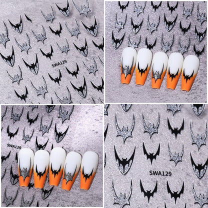 6 Sheets Halloween Nail Stickers for Nail Art Gold Glitter Bat Nail Art Stickers 3D Self-Adhesive Holiday Nail Decals Silver Bat Nail Design Sticker for Women Halloween Manicure Decoration