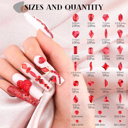 1680Pcs Red Glass Nail Rhinestones 180Pcs Multi Shapes Flatback Nail Gems + 1500Pcs 1.5-4mm Round Crystal, Manicure Nail Charms Diamond Gemstones for Acrylic Nails Decoration