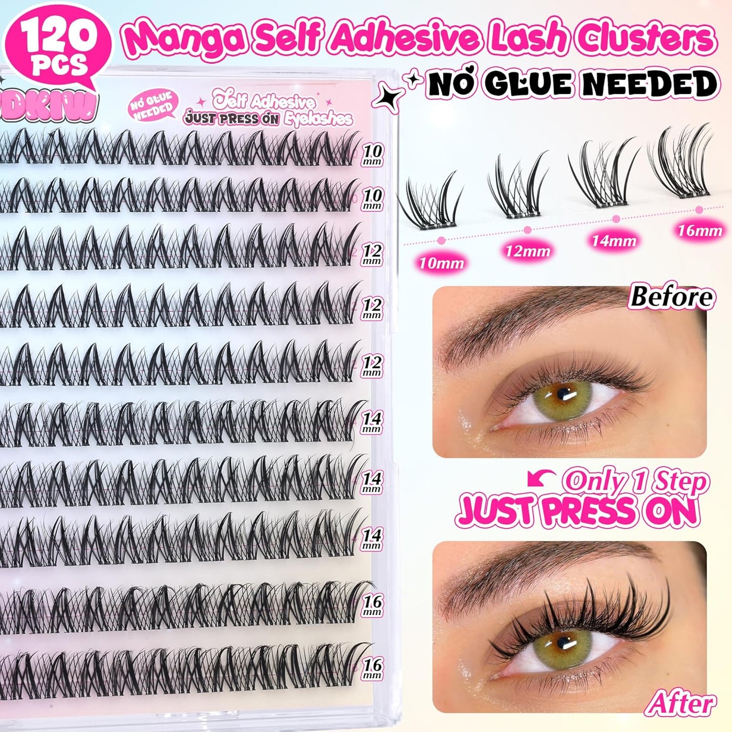 Self Adhesive Eyelashes Manga Self Adhesive Lash Clusters Natural Pre Glued Eyelashes Clusters Wispy Press on Lashes No Glue Needed C Curl Cluster Eyelash Extensions Reusable 10-16mm