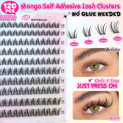 Self Adhesive Eyelashes Manga Self Adhesive Lash Clusters Natural Pre Glued Eyelashes Clusters Wispy Press on Lashes No Glue Needed C Curl Cluster Eyelash Extensions Reusable 10-16mm