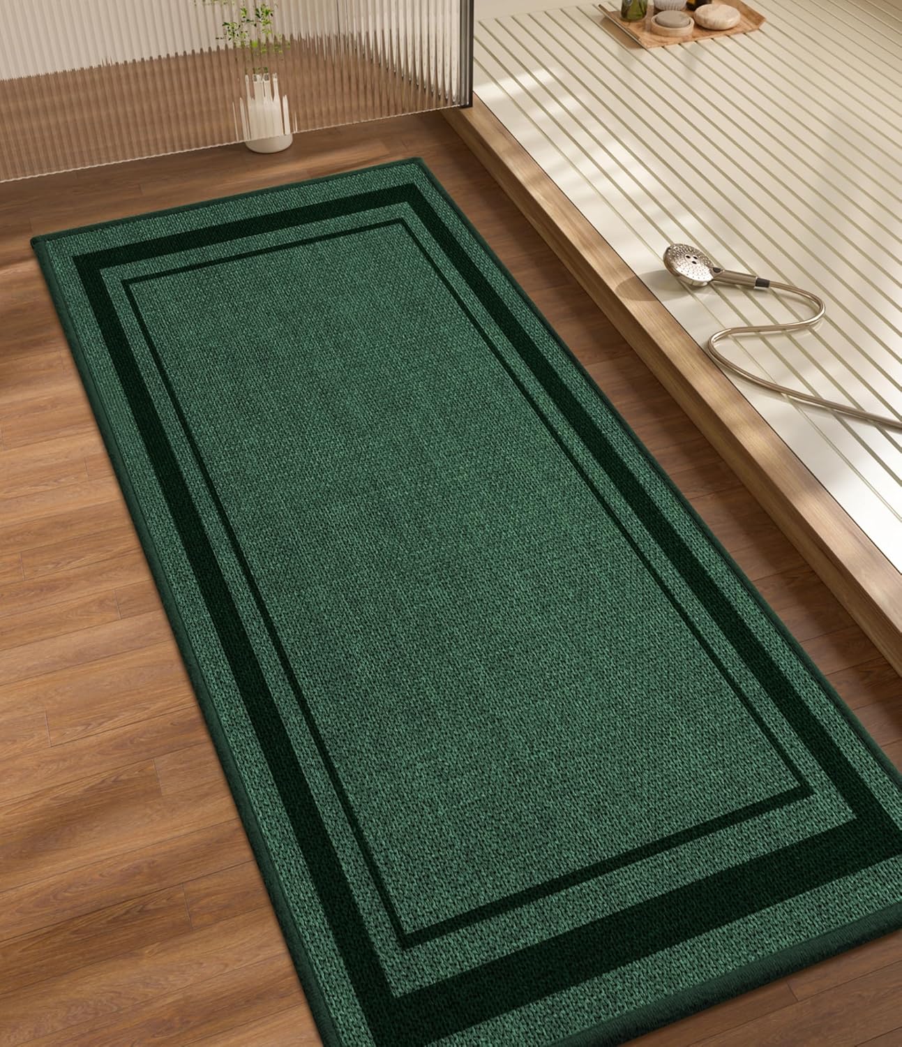 chakme Bathroom Rugs Mat 47x17, Ultra Thin Non Slip Bath Rug Runner Quick Dry Absorbent Bath Mat for Bathroom, (Dark Green, 47"x17")