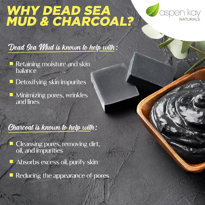Aspen Kay Naturals Dead Sea Mud and Charcoal Soap Bar. With Organic Shea Butter & Pure Essential Oils. Charcoal Face Wash for Men, Women & Teens. (6 pack)