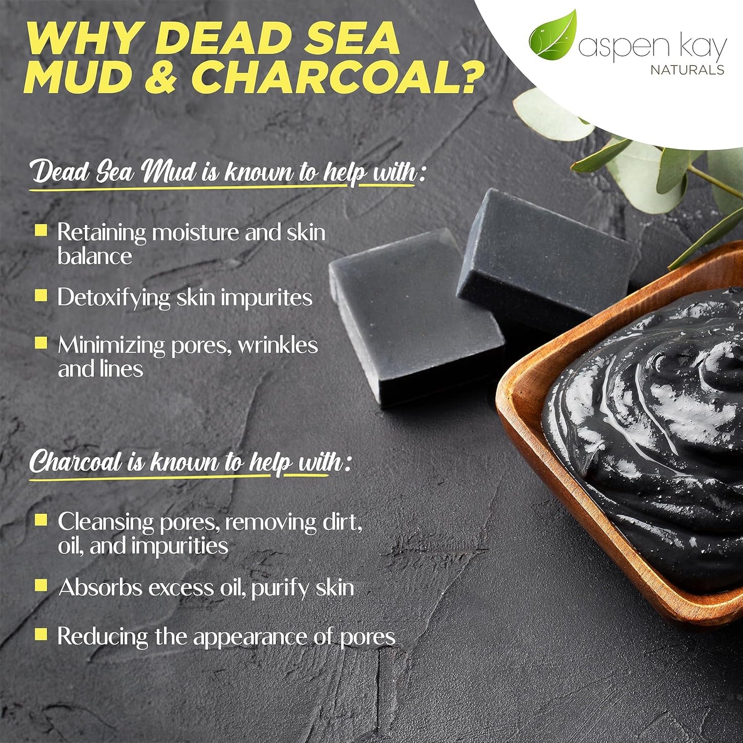 Aspen Kay Naturals Dead Sea Mud and Charcoal Soap Bar. With Organic Shea Butter & Pure Essential Oils. Charcoal Face Wash for Men, Women & Teens. (3 pack)
