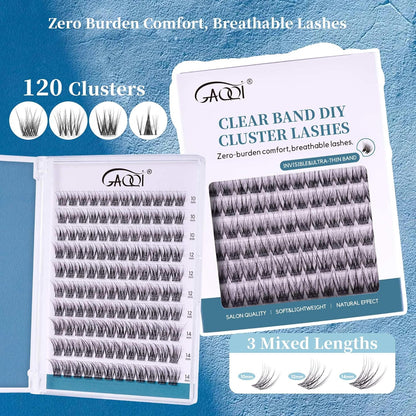 GAQQI Lash Clusters Natural Eyelash Clusters Invisible Band, 10-14mm Individual Lashes 120PCS, Cluster Eyelash Extensions C Curl, Wispy Cluster Lashes Ultra-thin & Soft Clear Band (MUSE)