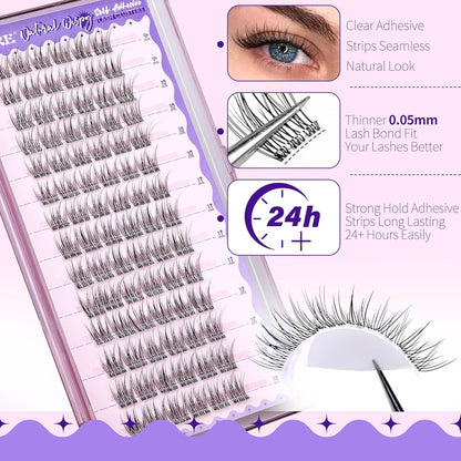 JIMIRE Self Adhesive Eyelashes Wispy Lash Clusters Natural Look 9-12MM Press on Lashes Self Adhesive Lash Clusters No Glue Needed Natural Pre Glued Lashes Clusters Reusable Invisible Band