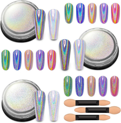 Artdone 3jars Holographic Chrome Nail Powder 1Gram Each, Unicorn Holo Rainbow Mirror Effect 20um 35um 65um Nail Pigment kit For Gel Polish Nail Art crome Set