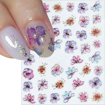 4 Sheets Purple Gold Flower Nail Art Stickers 5D Embossed Flowers Self-Adhesive Pegatinas Uñas Colorful Petals Nail Decals Purple Flower Nail Stickers for Women Nail Art Decoration
