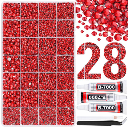 30000Pcs Resin Rhinestones for Bedazzling with 3Pcs B7000 Jewelry Glue, Red Flatback Gems Rhinestones for Crafting, Clothing Tumblers Mugs Shoes Fabric Decor Nail Art