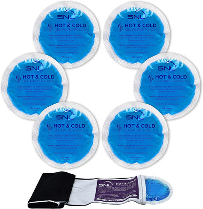 SNL Quality Hot & Ice Packs [6 Gel Packs], Reusable, Round, Soft Fabric Backing, for Breastfeeding, Pain Relief, First Aid - Includes: Wrap Sleeve for Hands-Free Application, Storage Bag