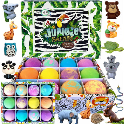 Bath Bombs for Kids with Surprise Inside, 12 Bubble Bath Fizzies with Jungle Animal Toys. Moisturizing, Gentle & Kids Safe, Rainbow Spa Bath Fizz, Birthday Gifts for Boys, Girls
