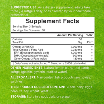 DEAL SUPPLEMENT Omega 3 Fish Oil Supplements, 3,000mg Per Serving, 240 Softgels – EPA 1,200mg + DHA 900mg – Burpless Pills, Lemon Flavored, Wild Caught – Brain & Heart Support – Mercury Free, Non-GMO