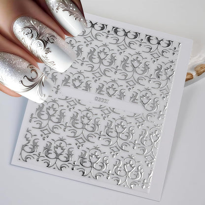 30 Sheets Silver Lace Nail Art Stickers 3D Self-Adhesive Silver Hollow Retro Floral Vine Design Decals for Women Spring Summer Manicure Slider Decorations