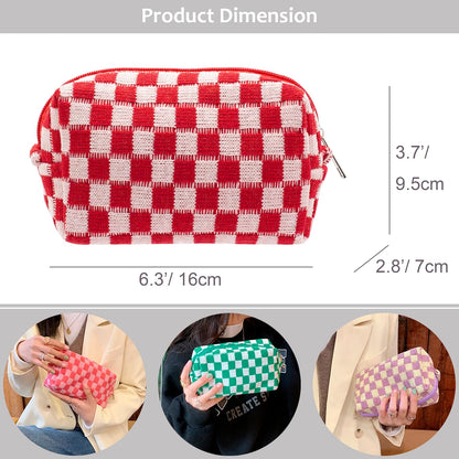 PAZIMIIK Checkered Makeup Bag for Purse Portable Zipper Make Up Pouch Small Cosmetic Case for Travel Accessories (Red)