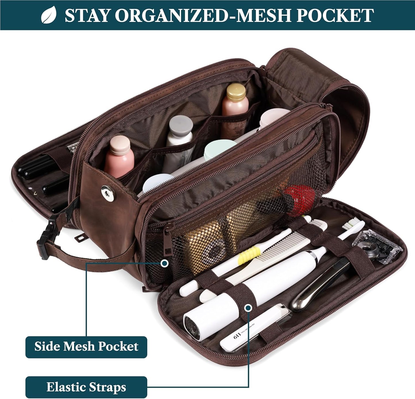 PAVILIA Toiletry Bag for Men Women, Mens Travel Bag Toiletries Organizer Case for Grooming, Travel Essentials Shaving Dopp Kit, PU Leather Water Resistant Cosmetic Pouch, Dark Brown