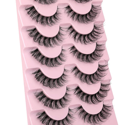 JIMIRE Eyelashes with Clear Band Wispy Curly 15mm 3D Faux Mink Lashes Fluffy Natural Volume Cat Eye Fake Lashes 7 Pairs Pack