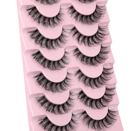 JIMIRE Eyelashes with Clear Band Wispy Curly 15mm 3D Faux Mink Lashes Fluffy Natural Volume Cat Eye Fake Lashes 7 Pairs Pack