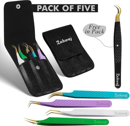 Lash Tweezers - Set of 5 Diamond Grip Eyelash Tweezers - Stainless Steel Professional Fiber Tip Lash Tweezer for Eyelash Extensions (Multicolor)